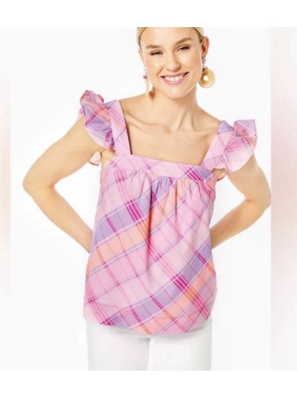 Lilly Pulitzer Preppy Reyna Pink Isle Madras Plaid Top Size XS 100% Cotton